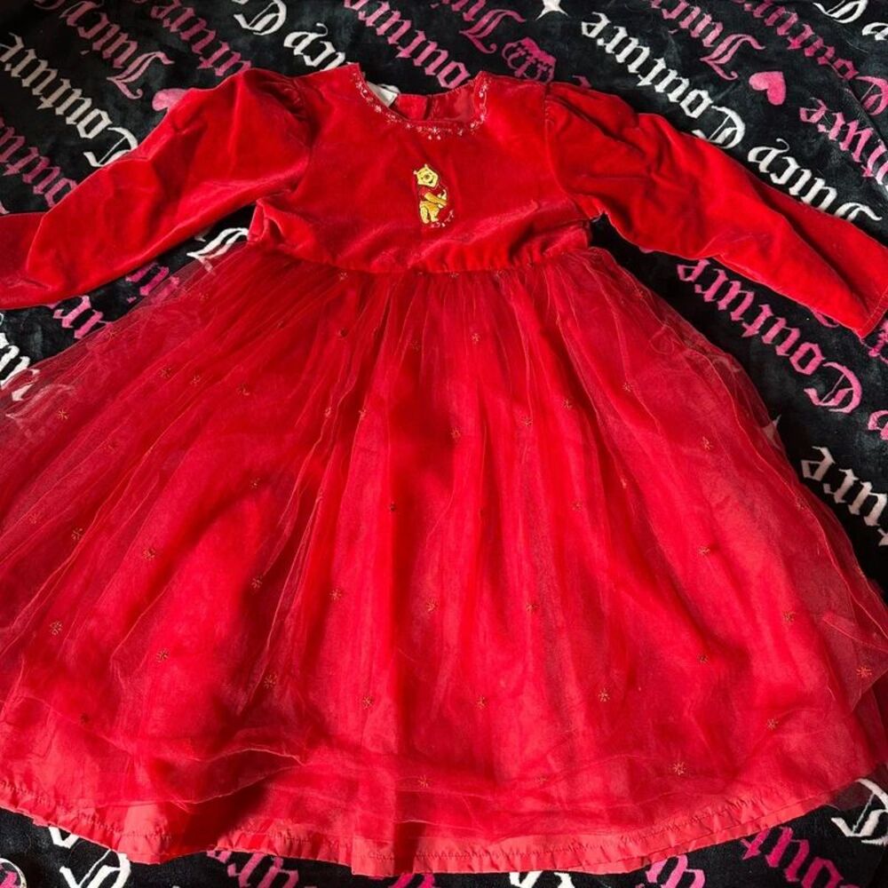 Vintage Disney Store Winnie Pooh Red Velvet Holiday Dress Size 6/6X Christmas